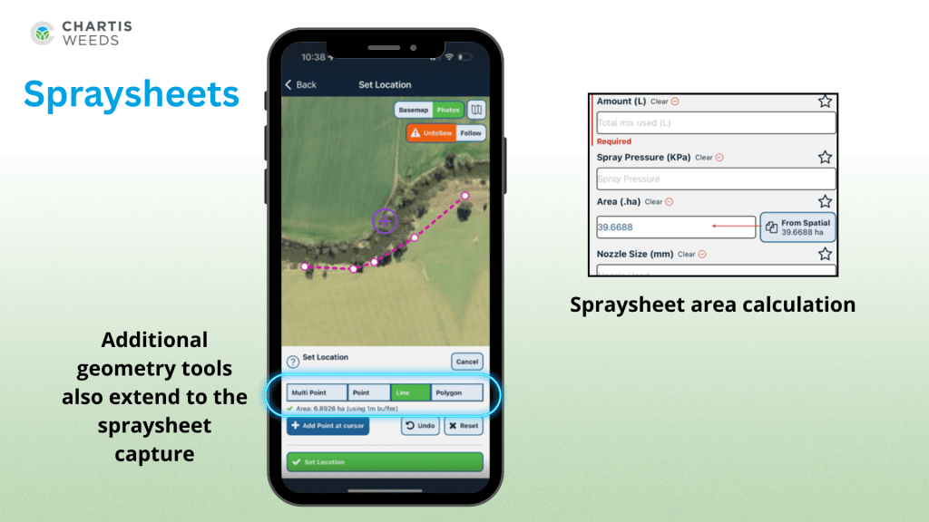 Mobile app interface displaying the Spraysheet feature with options for multi-point, point, line, and polygon capture, along with area calculation details.