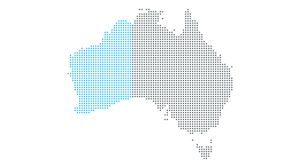 Map of Australia featuring a dotted design, with the western region highlighted in blue and the rest of the map in grey.
