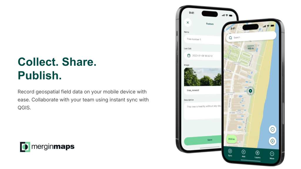 Two mobile phones displaying a geospatial data application, showcasing features for recording, collaborating, and syncing data with QGIS.