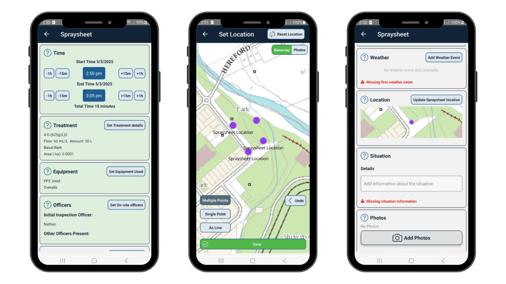 Three mobile phone screens displaying a weed management application used for tracking and reporting treatments, including details on time, treatment, equipment, officers, location, weather, and situation.