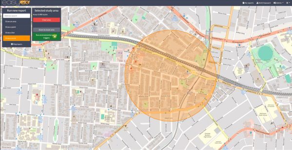 Screenshot of the easyeia platform displaying an interactive map with a highlighted study area and various navigation and reporting tools.