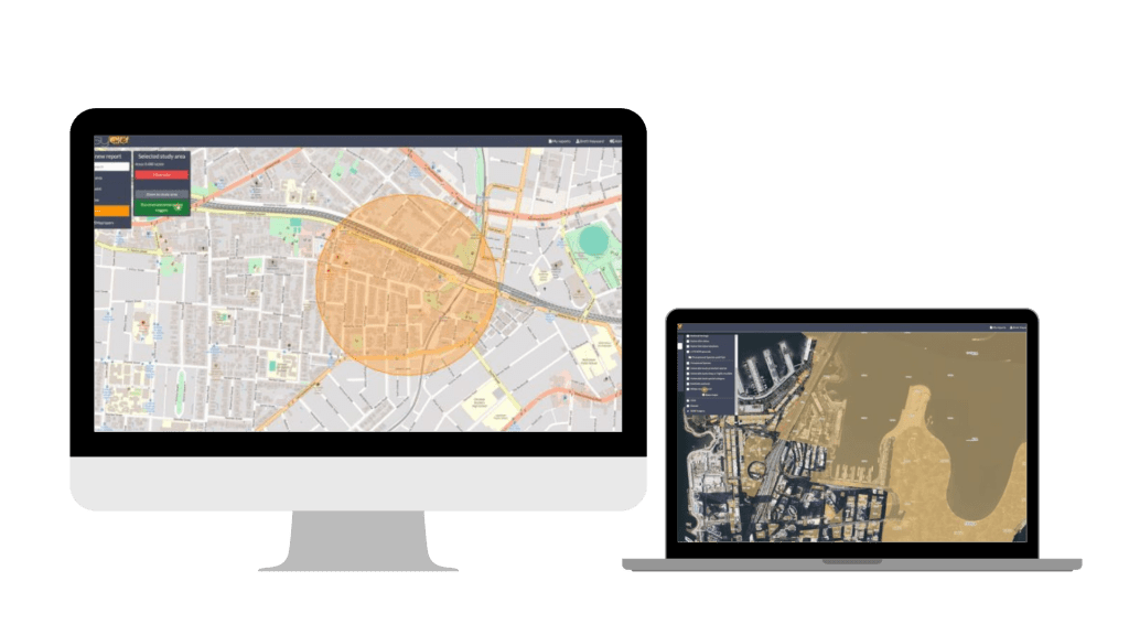 Two computer screens displaying a cloud-based environmental assessment platform with map-based tools. The left screen shows a city map with highlighted study areas, while the right screen presents a different geographic area with spatial data overlays.
